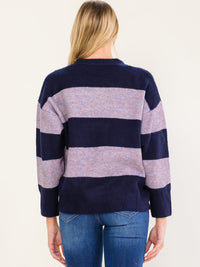 WOMEN'S LONG SLEEVE V-NECK BUTTON UP COLORBLOCK STRIPES SWEATER