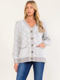 WOMEN'S LONG SLEEVE V-NECK BUTTON UP COLORBLOCK FRONT POCKETS DETAILED CARDIGAN
