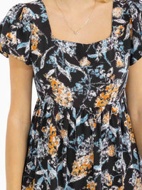 WOMEN'S SHORT SLEEVES SQUARE NECK SMOCK FLORAL PRINT MAXI DRESS