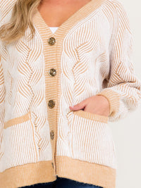 WOMEN'S LONG SLEEVE V-NECK BUTTON UP COLORBLOCK FRONT POCKETS DETAILED CARDIGAN