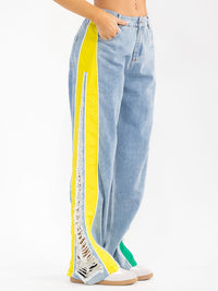 WOMEN'S BUTTON CLOSURE POCKETS DISTRESS COLORBLOCK WIDE LEG DENIM CONTRAST PANTS
