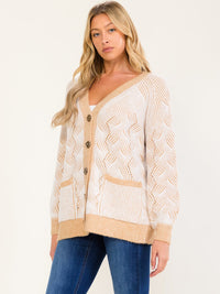 WOMEN'S LONG SLEEVE V-NECK BUTTON UP COLORBLOCK FRONT POCKETS DETAILED CARDIGAN
