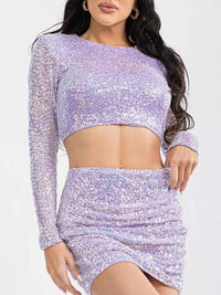 WOMEN'S LONG SLEEVE CROP TOP & MINI SKIRT SEQUINS 2PC. SET