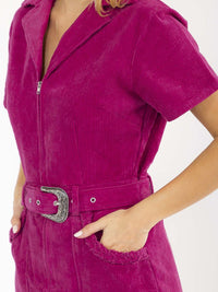 WOMEN'S SHORT SLEEVES ZIPPER CLOSURE BELTED FRONT POCKETS CORDUROY MINI DRESS