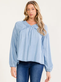 WOMEN'S LONG SLEEVE V-NECK TUNIC CHAMBRAY BLOUSE
