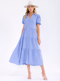 WOMEN'S SHORT SLEEVE V-NECK BUTTON UP TIERED MAXI DRESS