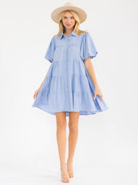 WOMEN'S SHORT SLEEVE BUTTON UP TIERED LOOSE FIT MINI DRESS