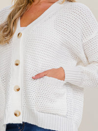 WOMEN'S LONG SLEEVE V-NECK BUTTON UP FRONT POCKETS KNIT SWEATER