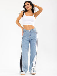 WOMEN'S BUTTON CLOSURE POCKETS DISTRESS COLORBLOCK WIDE LEG DENIM CONTRAST PANTS