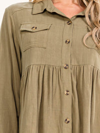 WOMEN'S LONG SLEEVE BUTTON UP FRONT POCKETS TUNIC BLOUSE