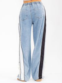 WOMEN'S BUTTON CLOSURE POCKETS DISTRESS COLORBLOCK WIDE LEG DENIM CONTRAST PANTS
