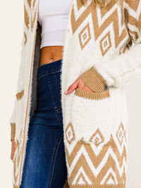 WOMEN'S LONG SLEEVE V-NECK COLORBLOCK FRONT POCKETS DETAILED CARDIGAN