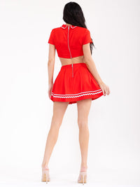 WOMEN'S SHORT SLEEVE CROP TOP & ZIP UP MINI SKIRT TRIM DETAILED 2PC. SET