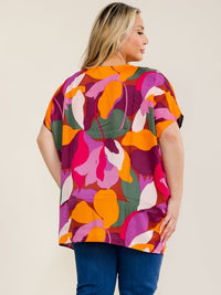 ENTRO PLUS SIZE SHORT SLEEVE V-NECK MULTI PRINT HIGH-LOW BLOUSE