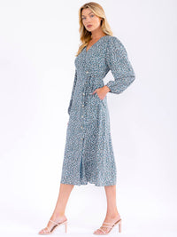 WOMEN'S LONG SLEEVE V-NECK WRAP FLORAL MIDI DRESS