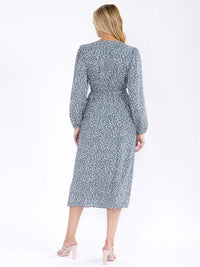 WOMEN'S LONG SLEEVE V-NECK WRAP FLORAL MIDI DRESS