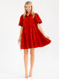 WOMEN'S SHORT SLEEVE BUTTON UP TIERED LOOSE FIT MINI DRESS