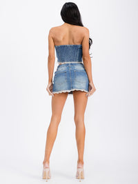 WOMEN'S SLEEVELESS CROP TOP & BUTTON CLOSURE MINI SKIRT WASHED DENIM 2PC. SET