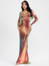 WOMEN'S LONG SLEEVE V-NECK OPEN BACK BODYCON MAXI DRESS