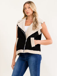 WOMEN'S SLEEVELESS ZIP UP FRONT POCKETS COLORBLOCK SHERPA VEST