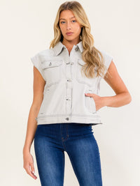 WOMEN'S SLEEVELESS BUTTON UP FRONT POCKETS DENIM VEST