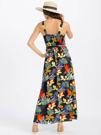 WOMEN'S SLEEVELESS BUTTON UP SMOCK SELF TIE FLORAL MAXI DRESS