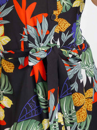 WOMEN'S SLEEVELESS BUTTON UP SMOCK SELF TIE FLORAL MAXI DRESS