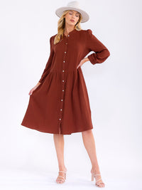 WOMEN'S LONG SLEEVE BUTTON UP LOOSE FIT MIDI DRESS