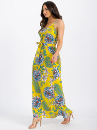 WOMEN'S SLEEVELESS BUTTON UP SMOCK SELF TIE FLORAL MAXI DRESS