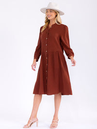 WOMEN'S LONG SLEEVE BUTTON UP LOOSE FIT MIDI DRESS