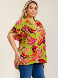 ENTRO PLUS SIZE SHORT SLEEVE V-NECK MULTI PRINT HIGH-LOW BLOUSE