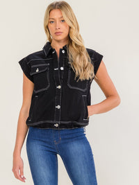WOMEN'S SLEEVELESS BUTTON UP FRONT POCKETS DENIM VEST