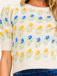 WOMEN'S SHORT PUFF SLEEVE FLORAL PRINT SWEATER BLOUSE