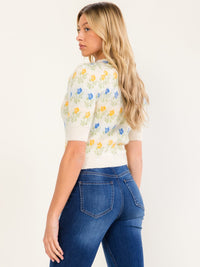 WOMEN'S SHORT PUFF SLEEVE FLORAL PRINT SWEATER BLOUSE