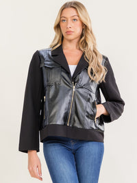 WOMEN'S LONG SLEEVE ZIPPER CLOSURE FRONT POCKETS PU PLEATHER CONTRAST JACKET