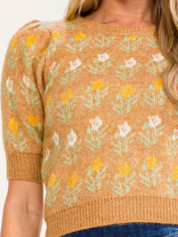 WOMEN'S SHORT PUFF SLEEVE FLORAL PRINT SWEATER BLOUSE