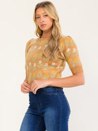 WOMEN'S SHORT PUFF SLEEVE FLORAL PRINT SWEATER BLOUSE