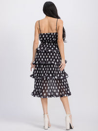 WOMEN'S SLEEVELESS V-NECK TIERED FLOWER DETAILED POLKA DOTS MIDI DRESS