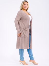 PLUS SIZE LONG SLEEVE OPEN FRONT POCKETS CARDIGAN