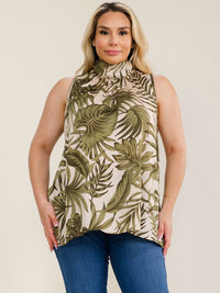 ENTRO PLUS SIZE SLEEVELESS TURTLE NECK LEAF PRINT BLOUSE
