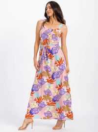 WOMEN'S SLEEVELESS BUTTON UP SMOCK SELF TIE FLORAL MAXI DRESS