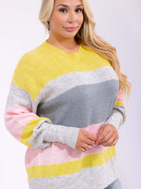 PLUS SIZE LONG SLEEVE V-NECK COLORBLOCK KNIT PULLOVER SWEATER