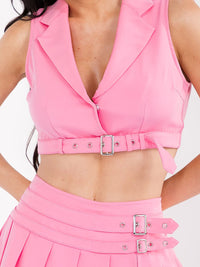 WOMEN'S V-NECK CROP TOP & ZIP UP MINI SKORT BELT DETAILED 2PC. SET