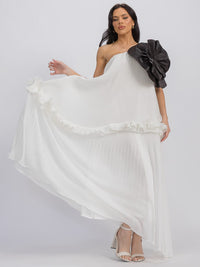 WOMEN'S SLEEVELESS ONE SHOULDER TIERED FLOWER DETAILED MAXI DRESS