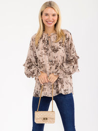 WOMEN'S LONG SLEEVE V-NECK RUFFLE FLORAL PRINT SHIMMER BLOUSE
