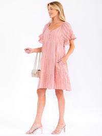 WOMEN'S SHORT RUFFLE SLEEVE FRONT POCKETS LOOSE FIT TIERED MINI DRESS