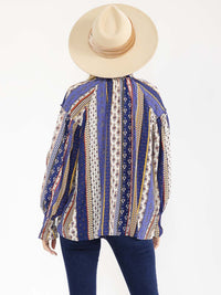 WOMEN'S LONG SLEEVE BUTTON UP V-NECK MULTI PRINT BLOUSE
