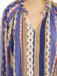 WOMEN'S LONG SLEEVE BUTTON UP V-NECK MULTI PRINT BLOUSE
