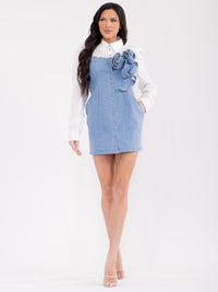 WOMEN'S LONG SLEEVE BUTTON UP FRONT POCKETS BODYCON DENIM CONTRAST MINI DRESS