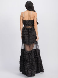 WOMEN'S SLEEVELESS RUFFLE TIERED FLOWER DETAILED MAXI DRESS
